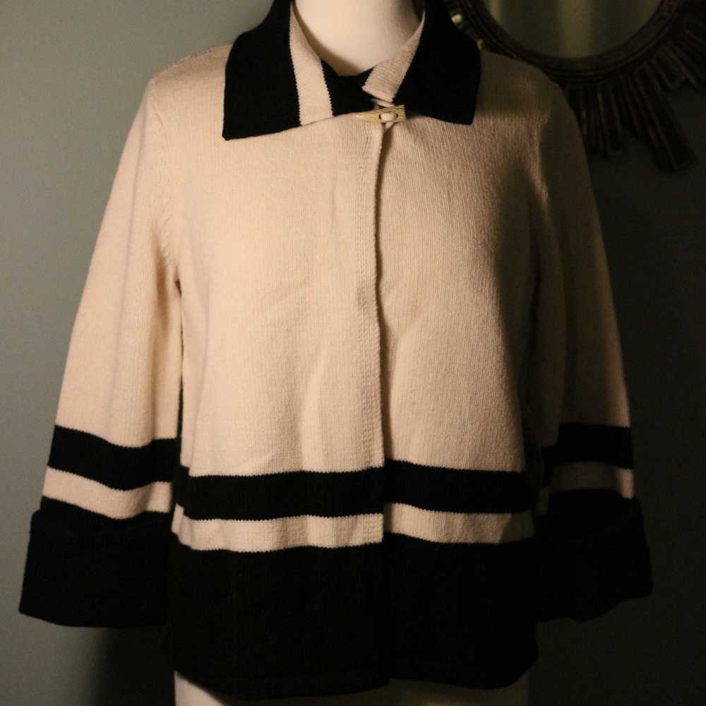 Ralph Lauren creamand black open front sweater.
